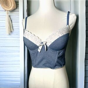 Denim Y2K  lace trimmed bustier 34C western boho coquette coastal cowgirl